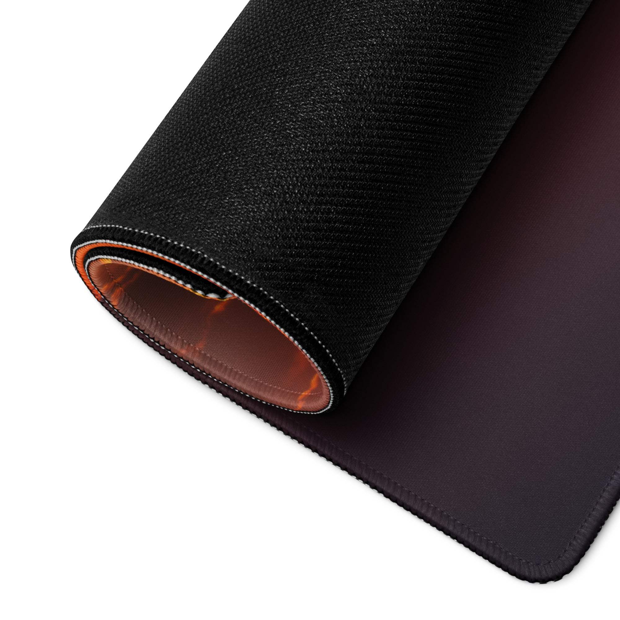Black textured gaming mousepad with purple gradient, orange edge, non-slip base