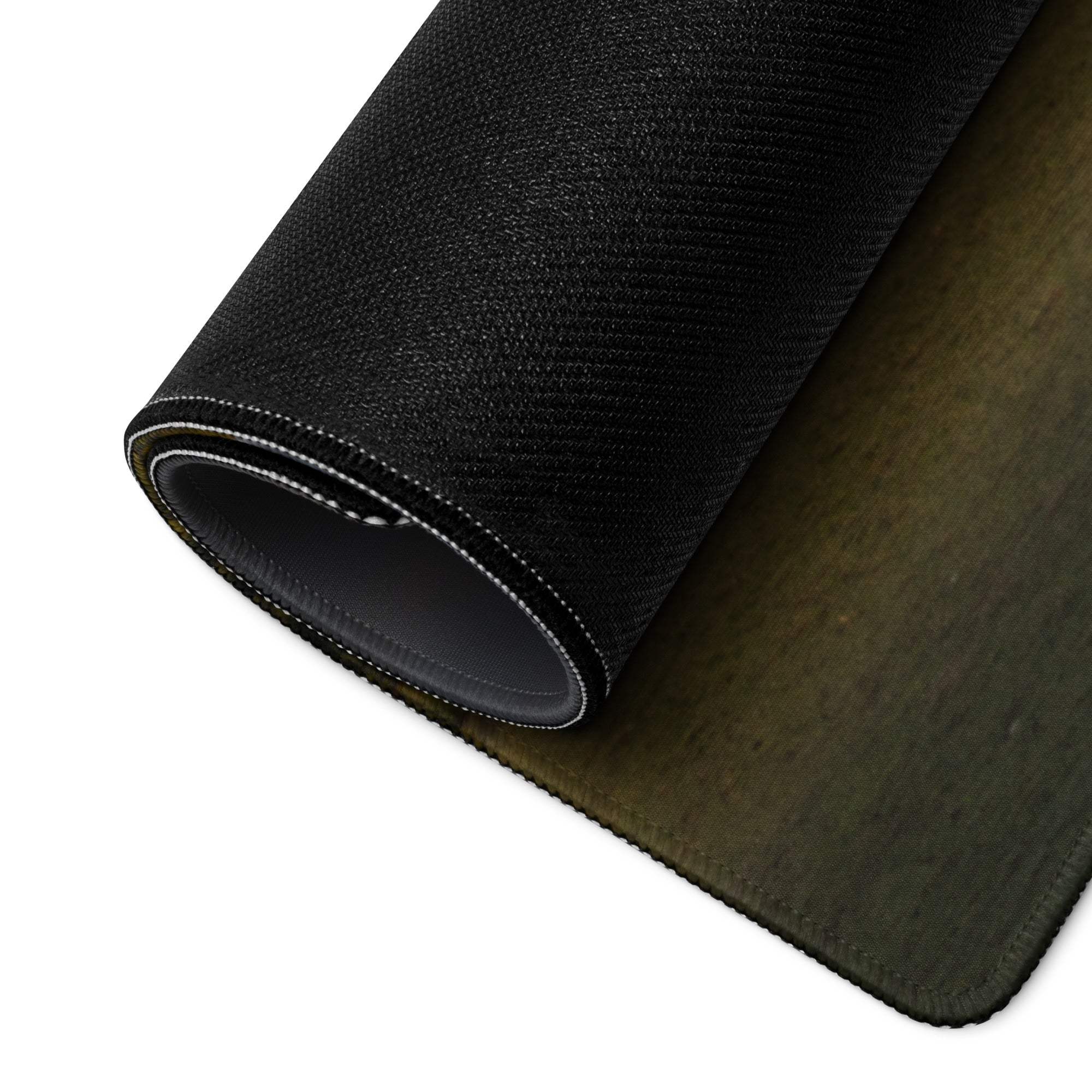 Black textured gaming mousepad with rolled edge white stitching and mountain sunset scene