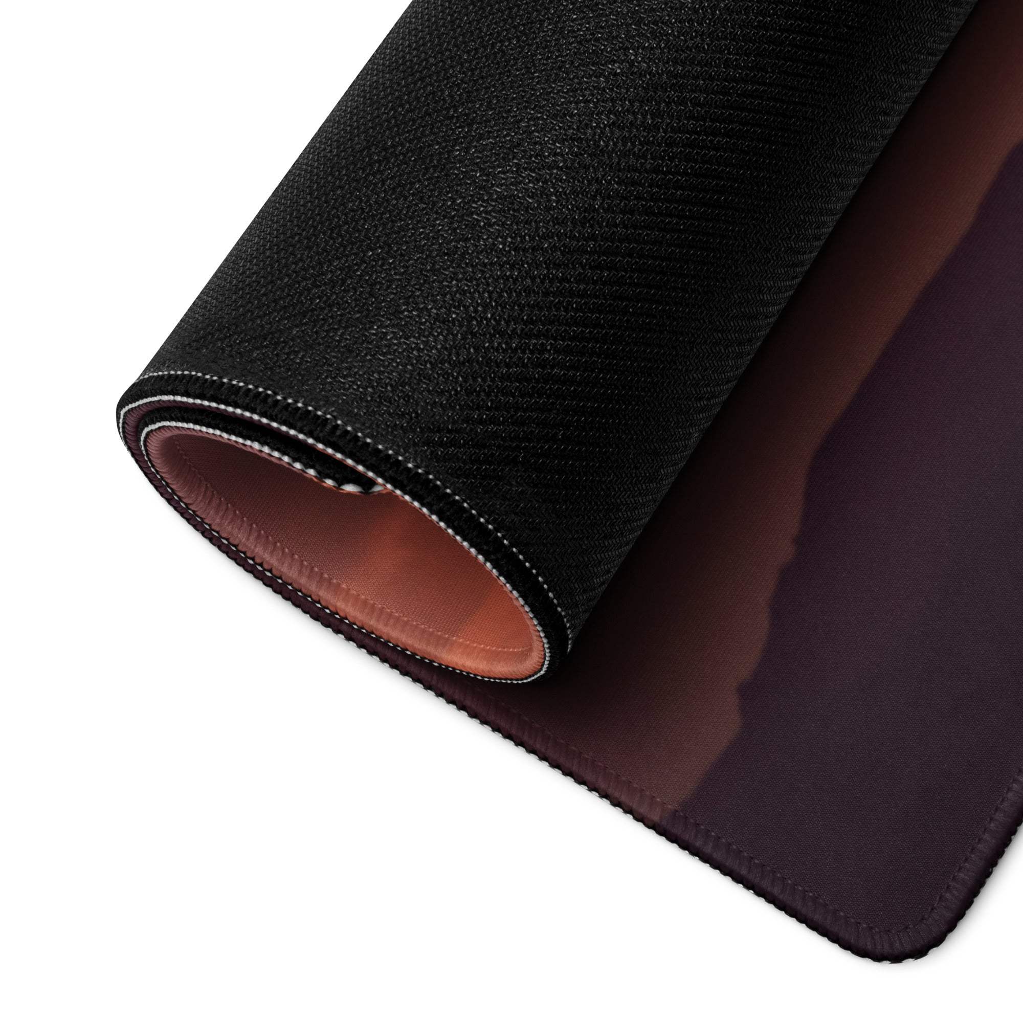 Black textured Sunset Mountain gaming mouse pad with stitched edges