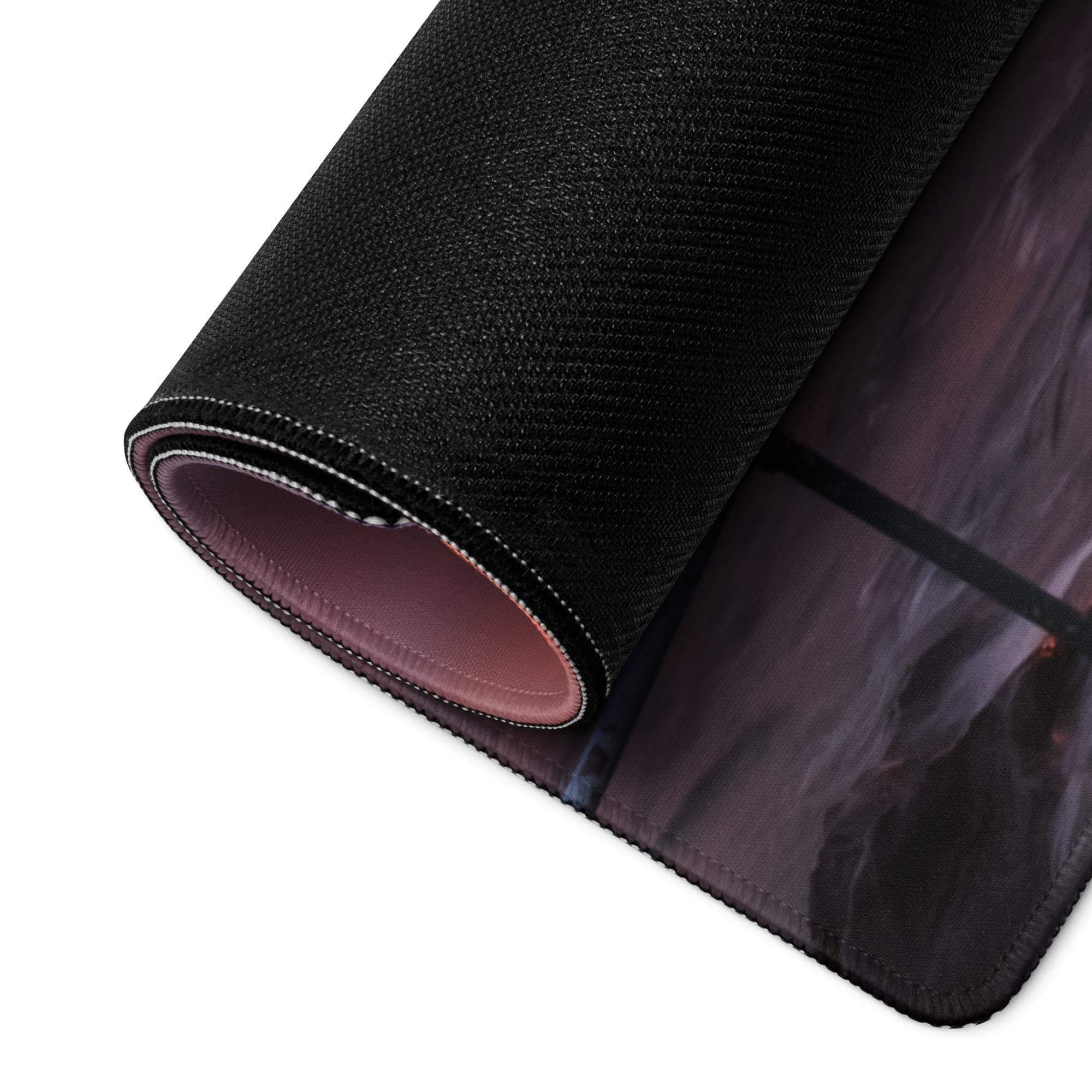 Epic Sunset Seascape black textured gaming mouse pad with pink lining