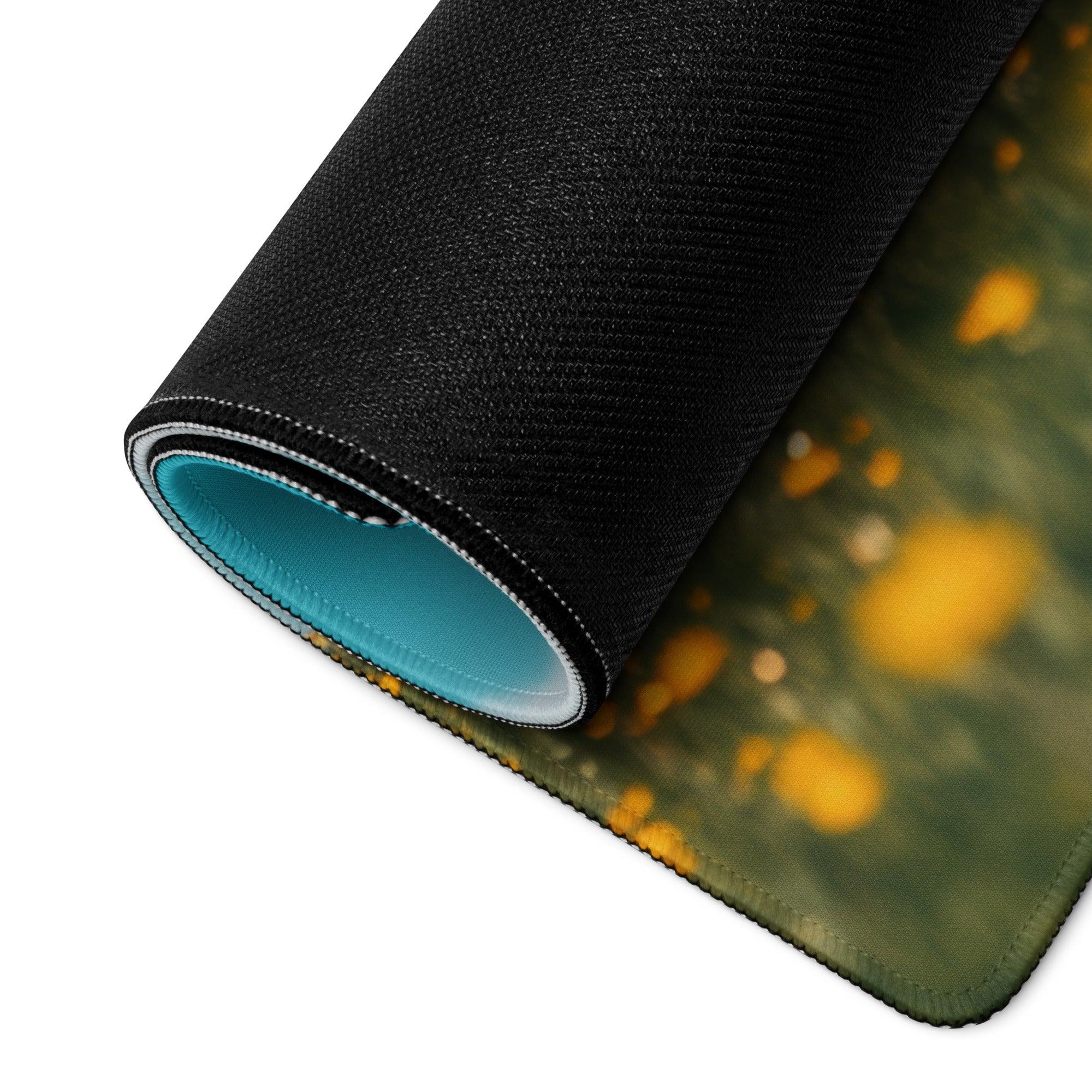 Black rolled gaming mousepad with green yellow floral design and teal lining