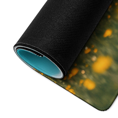 Black rolled gaming mousepad with green yellow floral design and teal lining