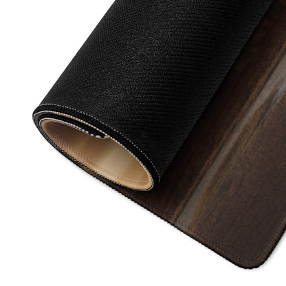 Back of Sunset Mountain extra large gaming mouse pad with black textured wood-grain design