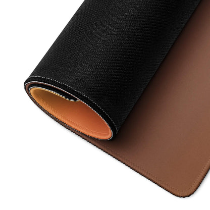 Back side of Sunset Mountain gaming mouse pad with black textured exterior and tan leather interior