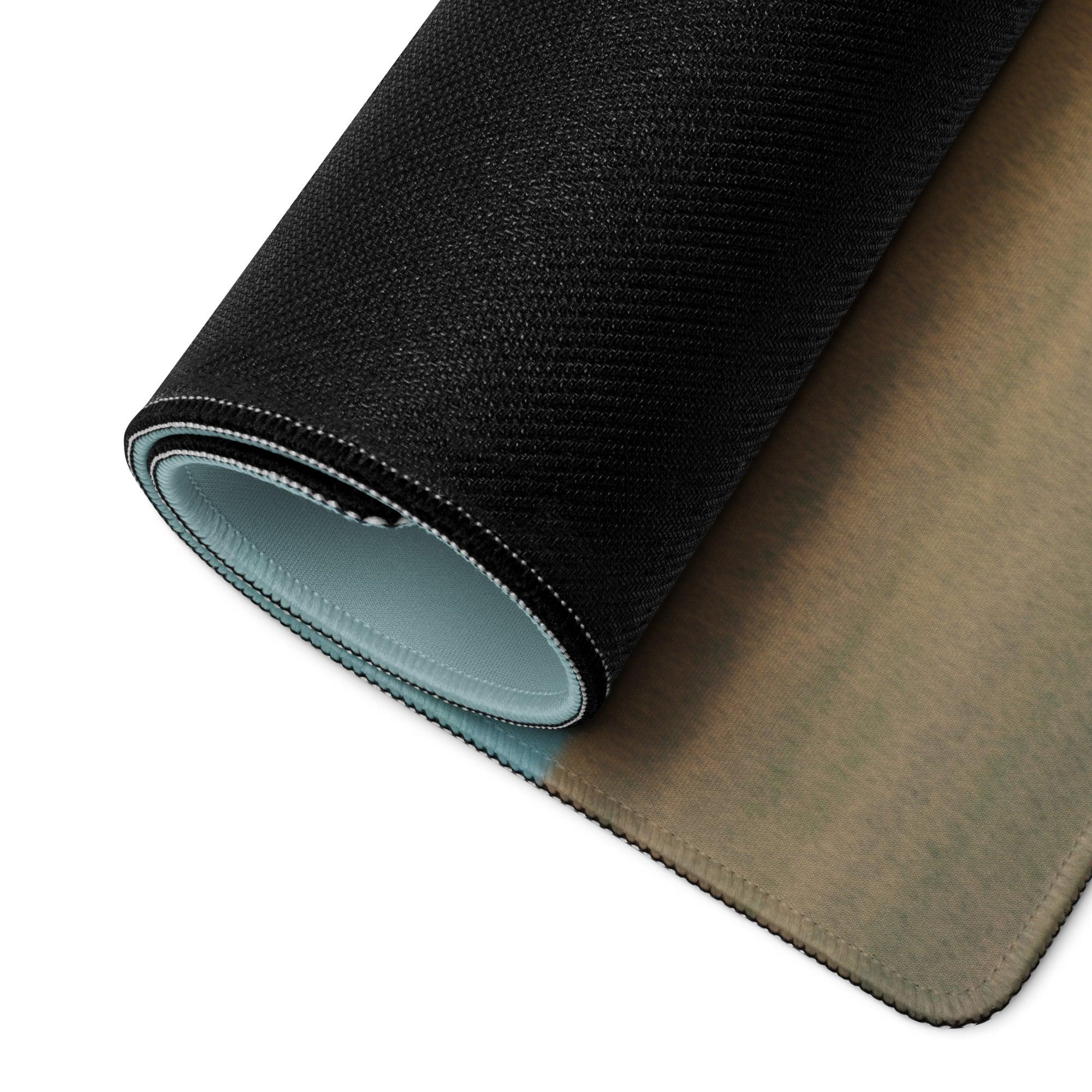 Black textured gaming mousepad with light blue lining, tan edges, non-slip base