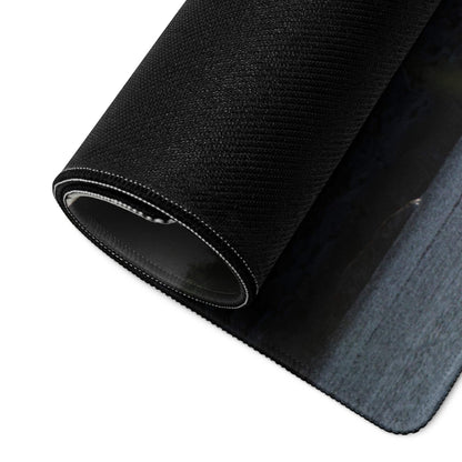 Back of premium Calm Mountain Sunset gaming mouse pad with black textured fabric, gray underside and stitched edges