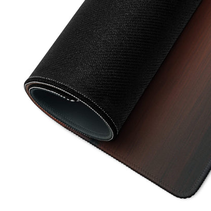 Back of large Vibrant Tropical Sunset gaming mouse pad with black textured wooden finish and stitched edges