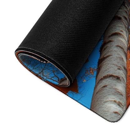 Black birch tree trunk mousepad with orange foliage and blue sky