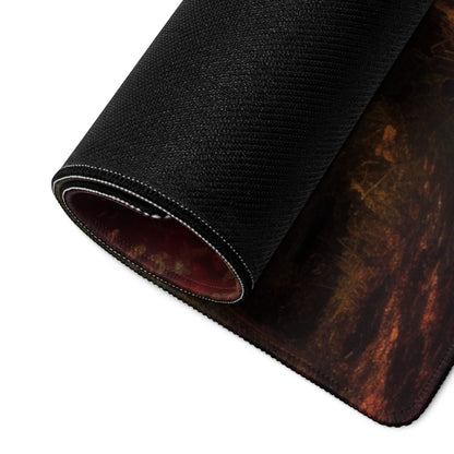 Black textured gaming mousepad with fiery design, white stitching, autumn forest lake sunset glow