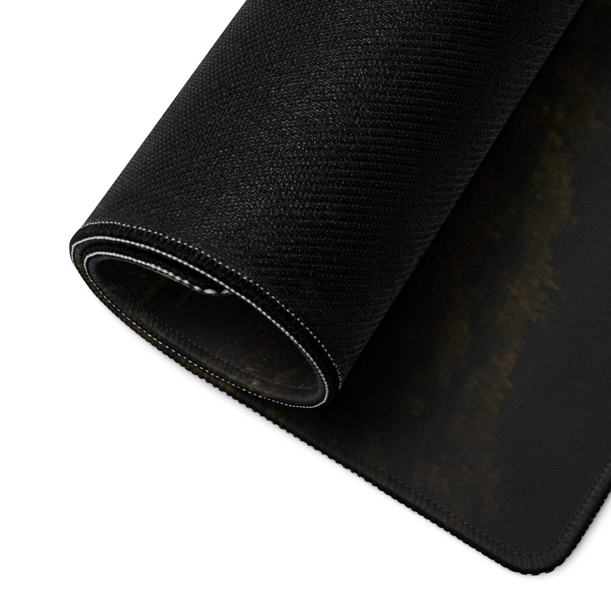 Black textured gaming mousepad with dark green design, white stitching