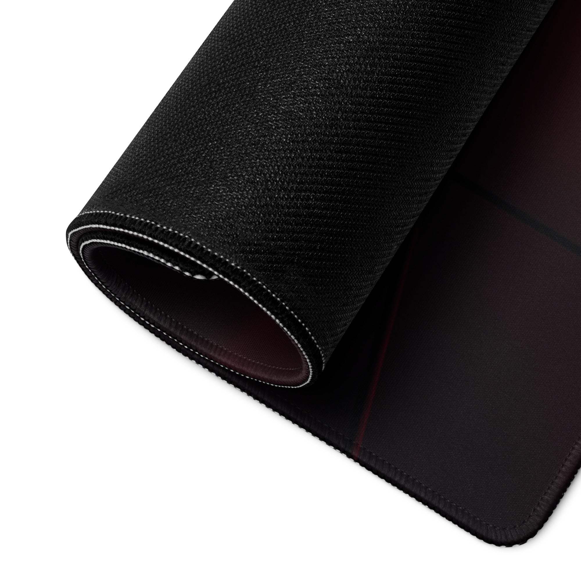 Black textured gaming mousepad with white edge stitching and neon red Sleek Tunnel design