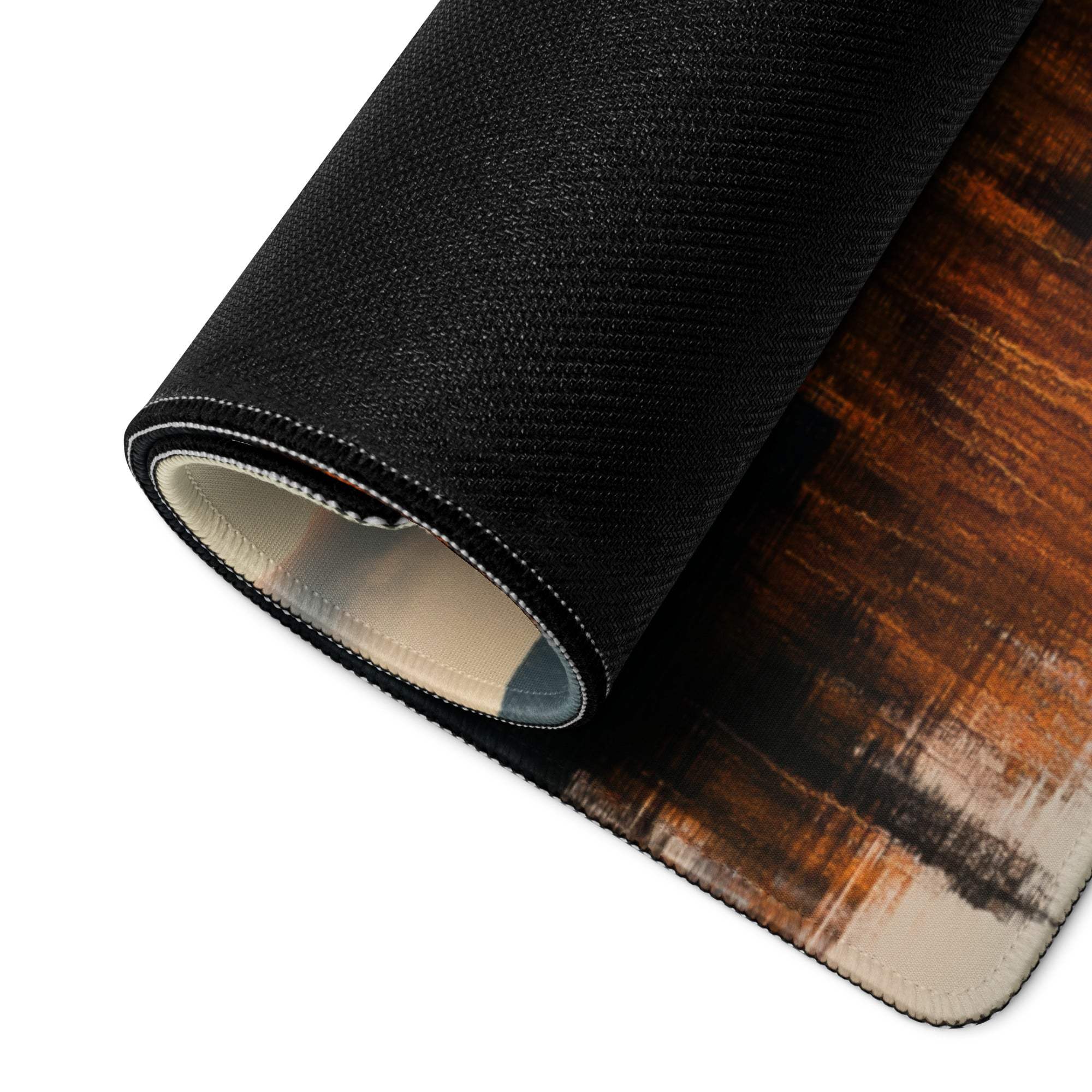 Black textured wooden grain mousepad with stitched edges, large Autumn Mountain design