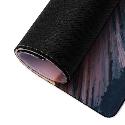 Premium mountain sunset gaming mouse pad with purple blue landscape, rolled edge