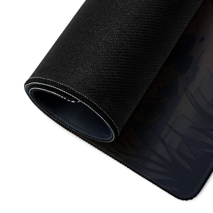 Black textured gaming mousepad with night forest campfire design and stitched edges