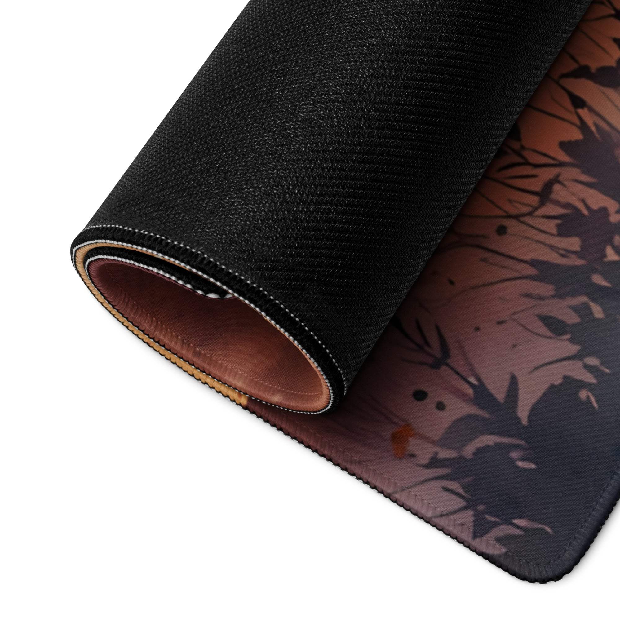 Large Autumn Sunset gaming mouse pad with black textured top, brown lining, stitched edges, non-slip base