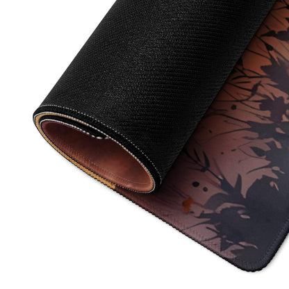Large Autumn Sunset gaming mouse pad with black textured top, brown lining, stitched edges, non-slip base