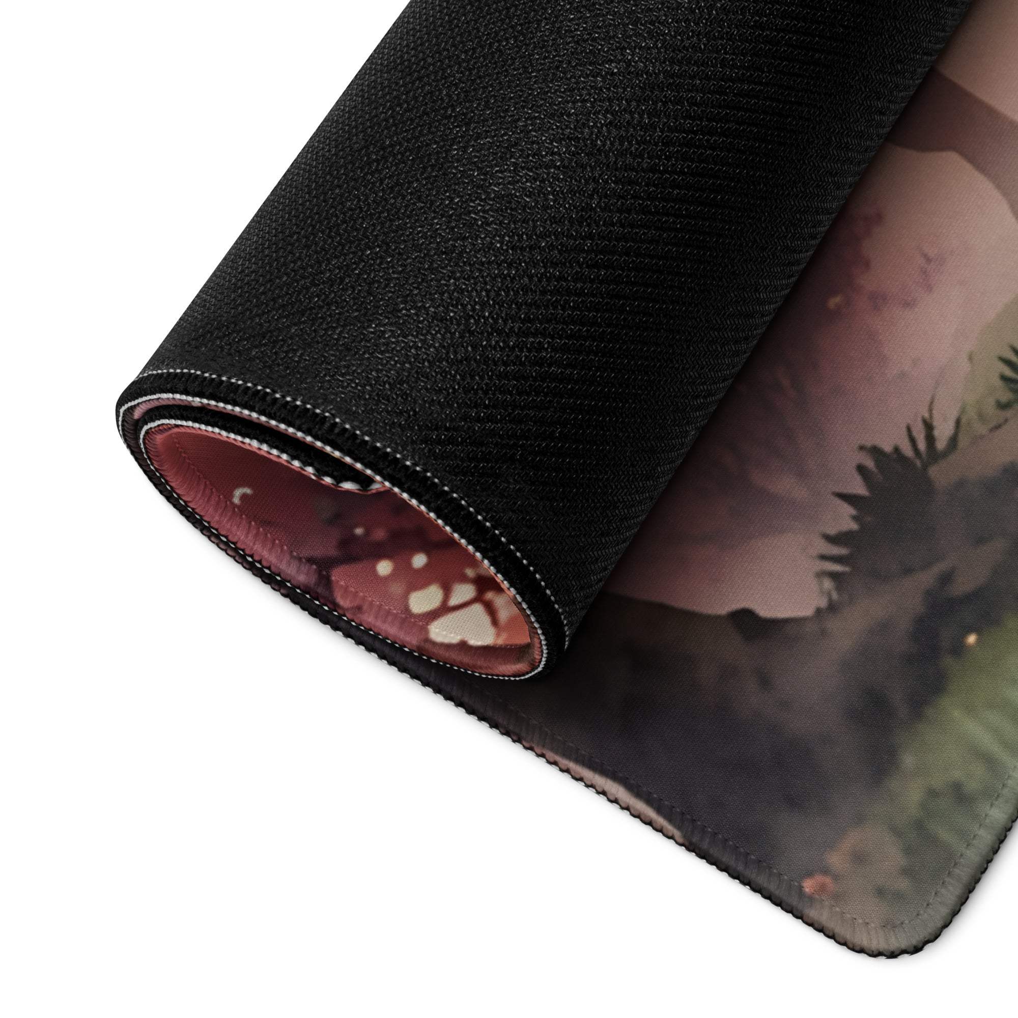Black textured gaming mousepad with rolled edge, misty forest mushrooms in purples and greens