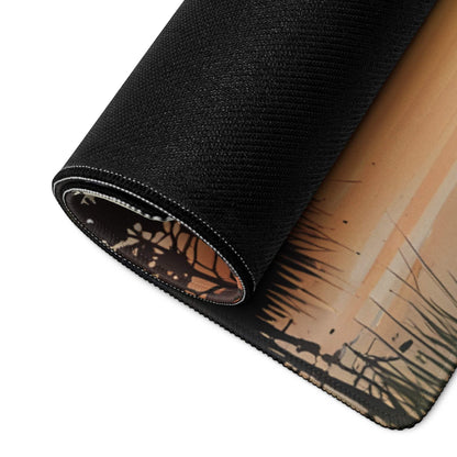 Large nature scene warm sunset lake gaming mouse pad with black textured grasses design