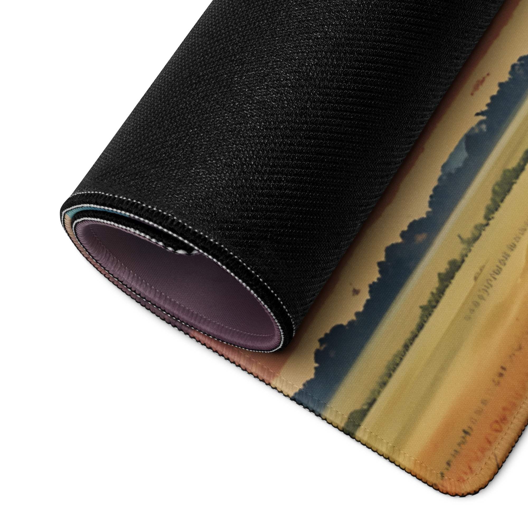 Epic scenic sunset gaming mousepad with orange-yellow hues, blue hills, non-slip base
