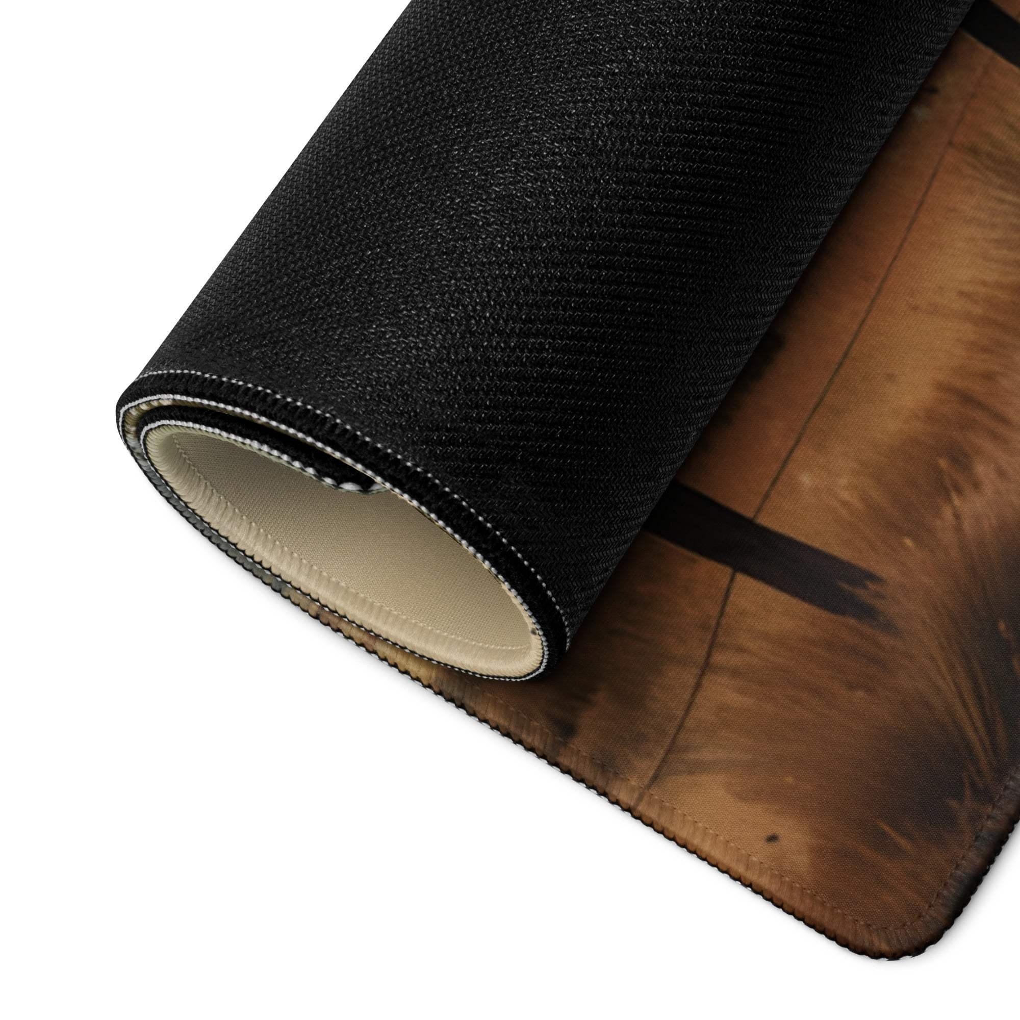 Black textured gaming mousepad back with wood-grain design and white stitching