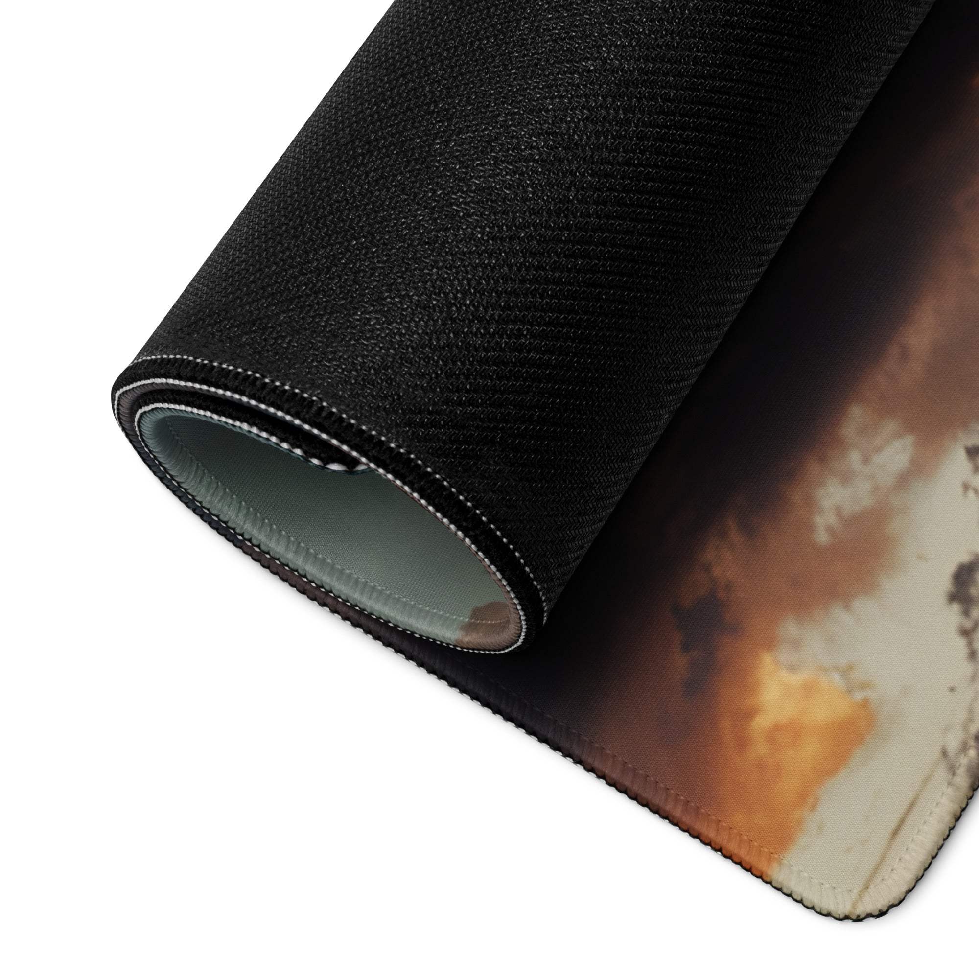 Black textured back of Premium Cloudscape Sunset gaming mousepad with orange-brown gradient