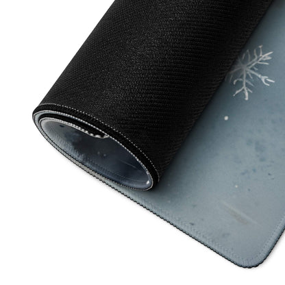 Black textured gaming mousepad with silver snowflake on gray watercolor winter forest lake design