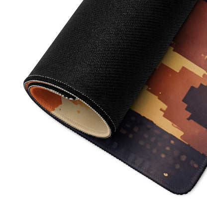 Black textured mousepad with pixelated urban sunset cityscape in warm orange brown tones, large non-slip edge stitching