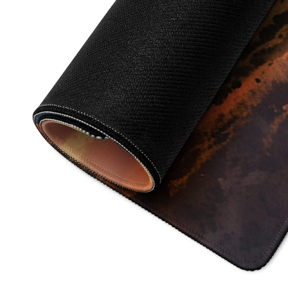 Black textured gaming mousepad rolled edge reveals orange brown sunset mountain design