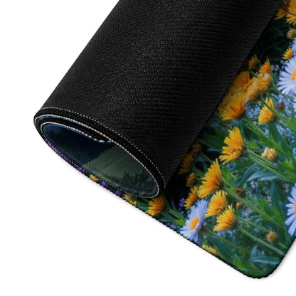 Black rolled-up mousepad with daisies, flower field, non-slip backing