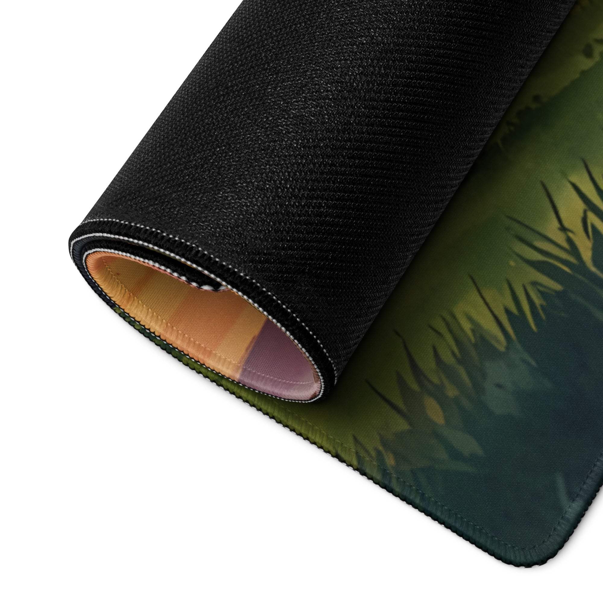 Black textured mousepad with green-yellow grass gradient and golden sunset tones