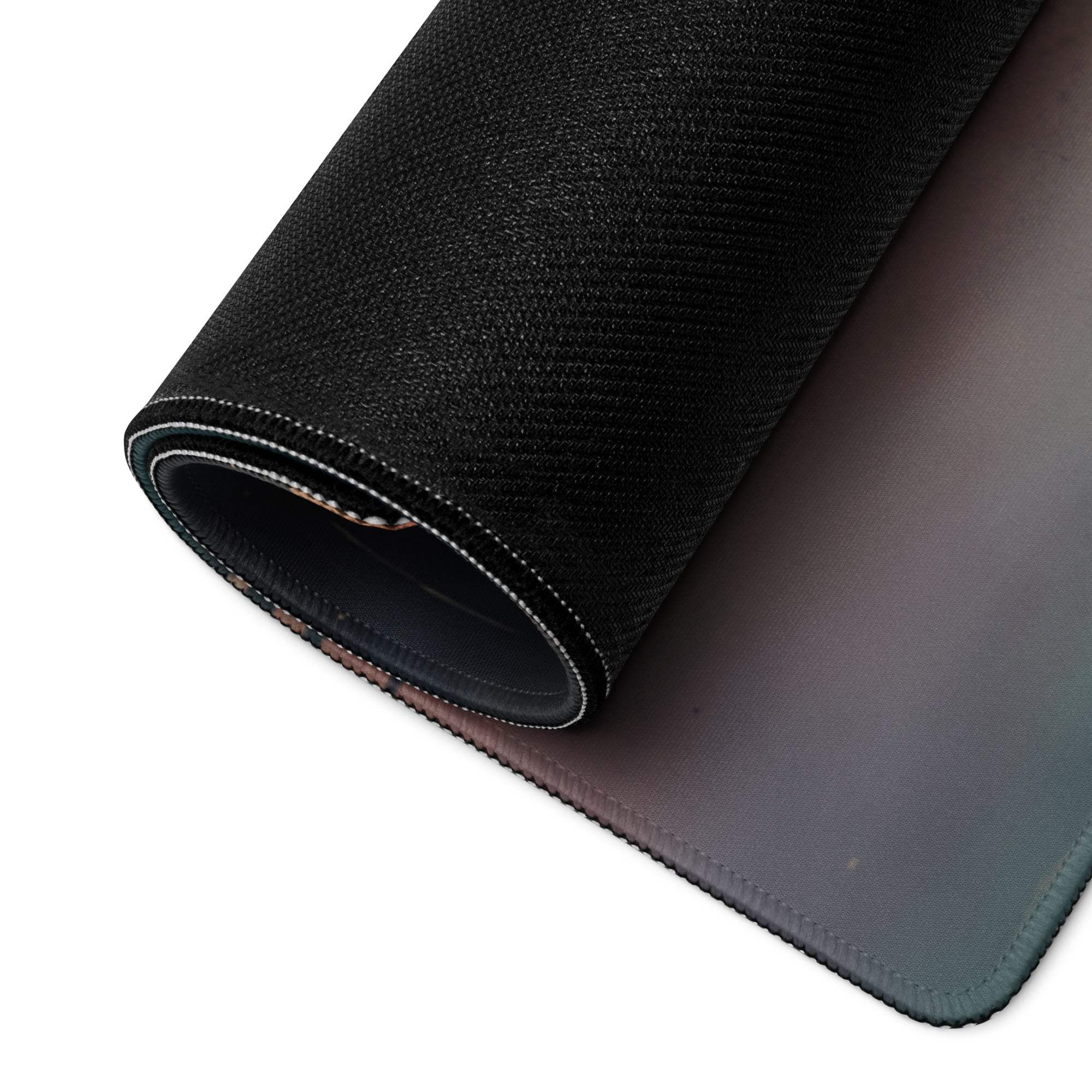 Black textured gaming mousepad with gray-to-blue gradient and stitched edges
