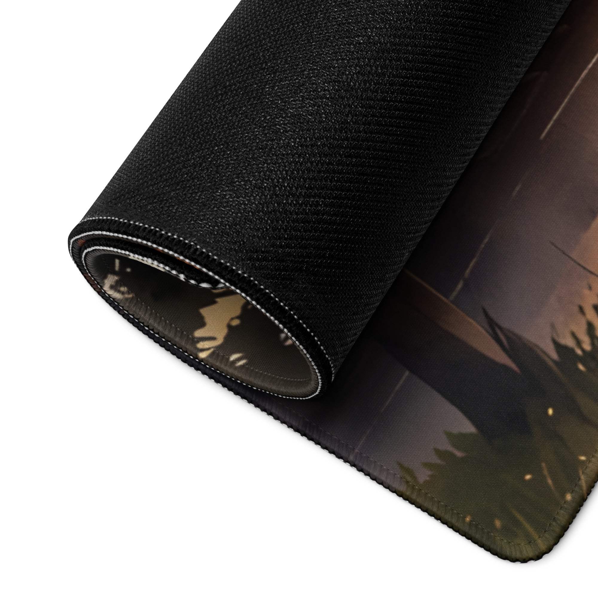 Large black textured gaming mousepad with serene sunset cabin landscape, rolled edge, non-slip backing