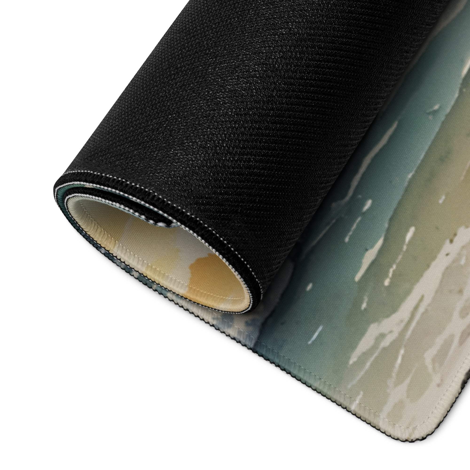 Black textured ocean mousepad with rolled edge, teal beige tones, non-slip backing