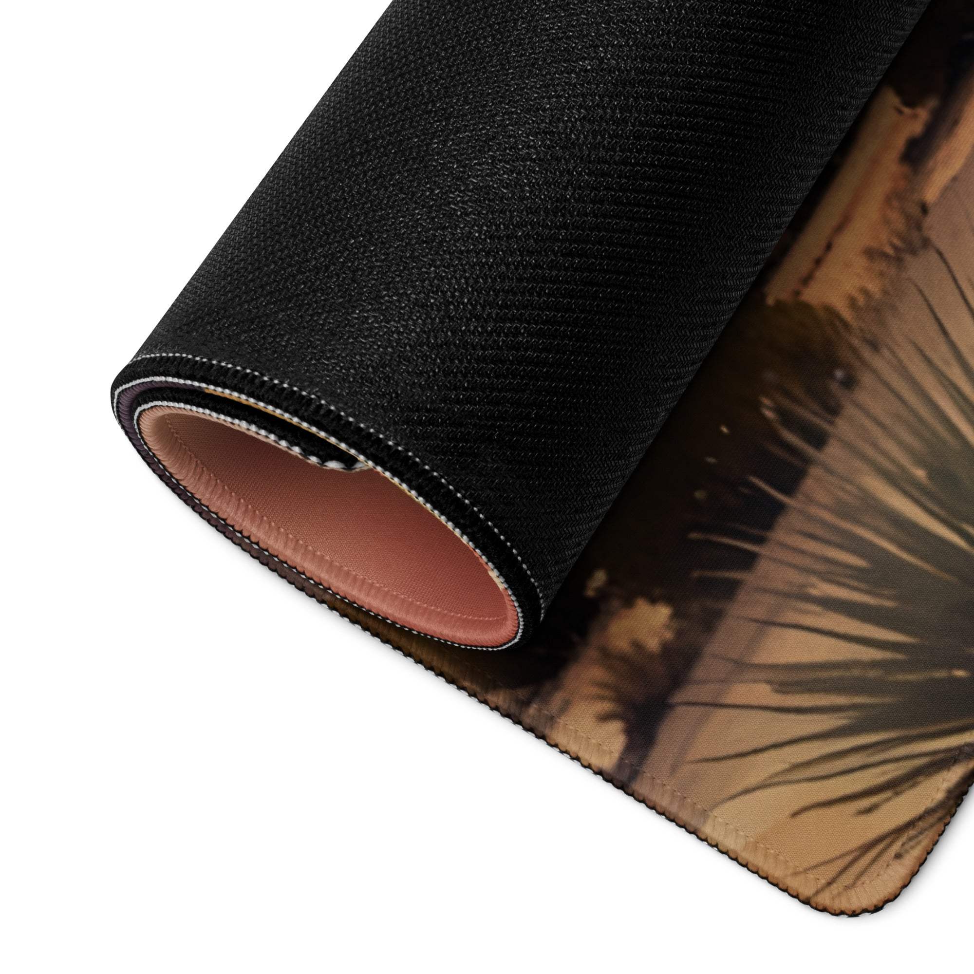 Rolled back of Desert Sunset Vibe mouse pad with pink lining