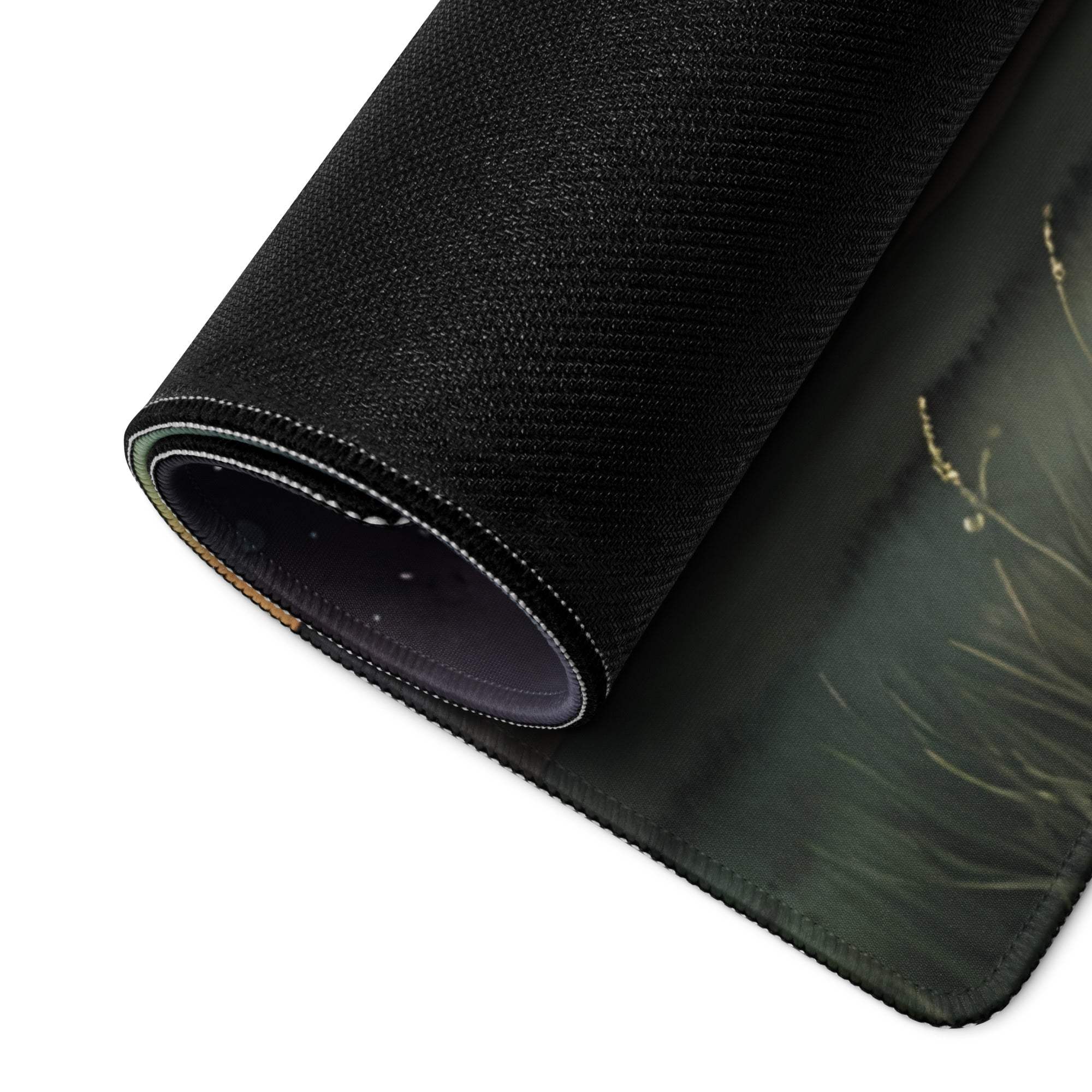 Black textured mousepad with green gold botanical design