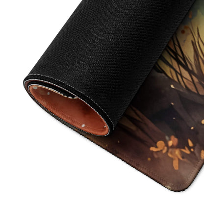 Autumn Forest Scene large gaming mouse pad with black textured top and brown leather-like non-slip base