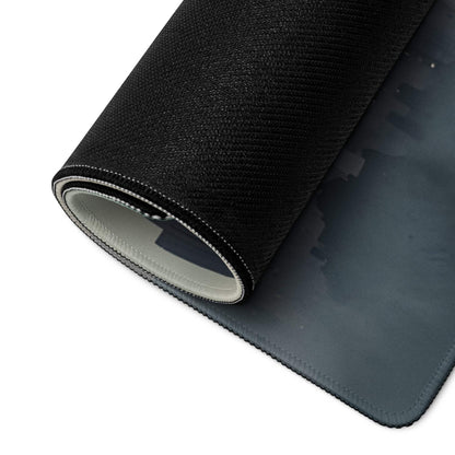 Back of Epic Moody Urban Skyline large gaming mouse pad with gray non-slip base and stitched edges