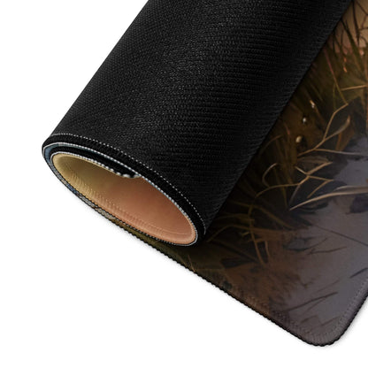 Black camo textured mousepad rolled to show beige lining, coastal sunset design