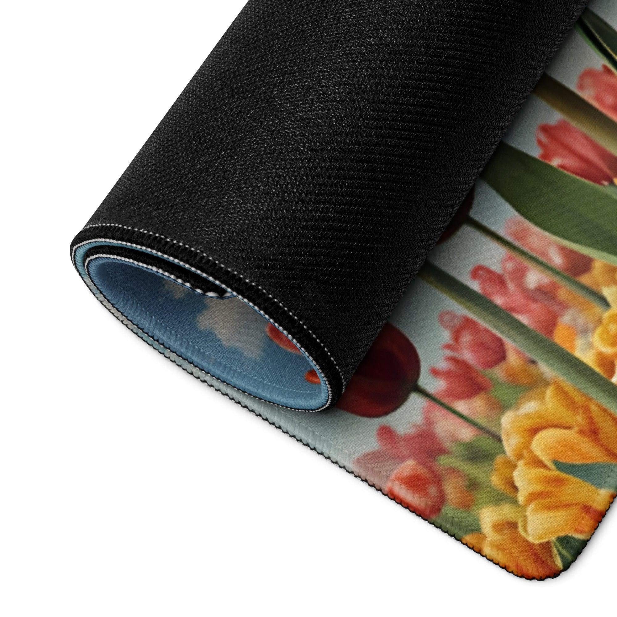 Rolled-up black gaming mouse pad with vibrant HD tulip field design