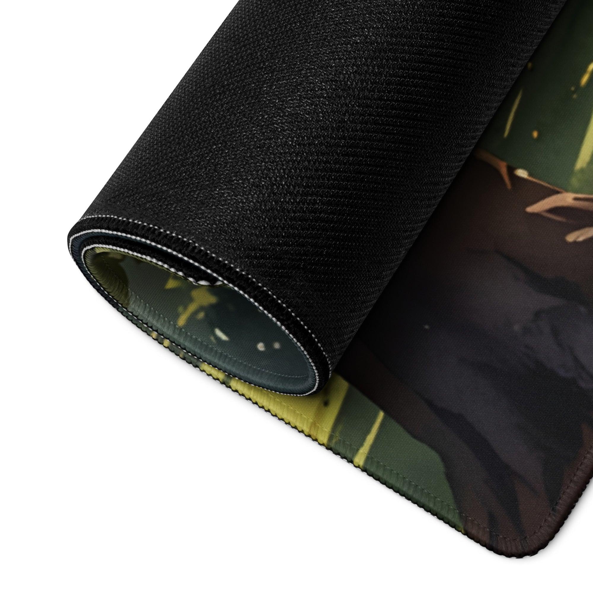 Black textured anime forest path mousepad with rolled edge, non-slip backing