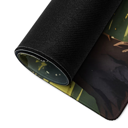 Black textured anime forest path mousepad with rolled edge, non-slip backing