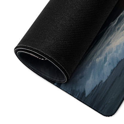 Black textured mousepad with rolled edge, white stitching, scenic sunset ocean cliff print