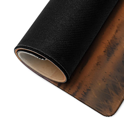 Black textured gaming mousepad with brown leather edge, stitched details, sunset savannah design
