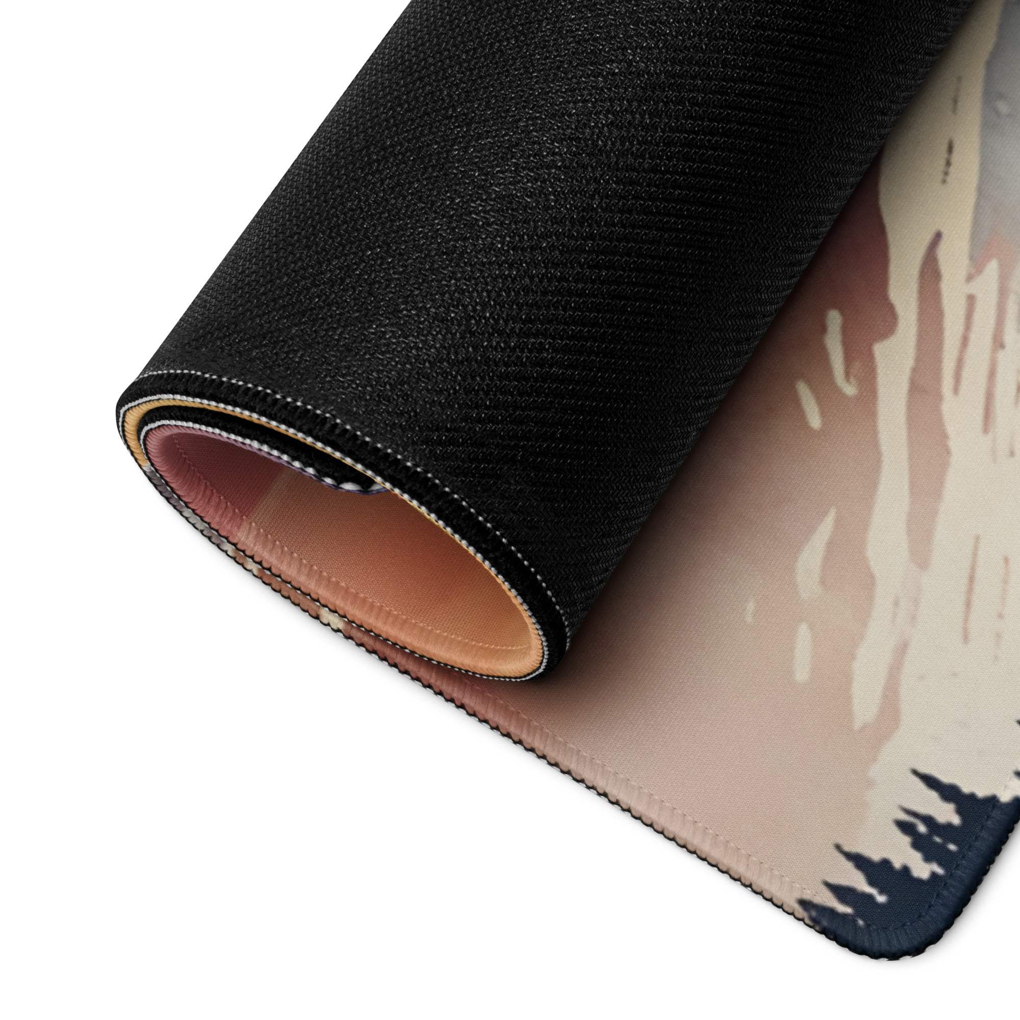 Black textured Epic Mountain Sunrise gaming mousepad with beige pink landscape