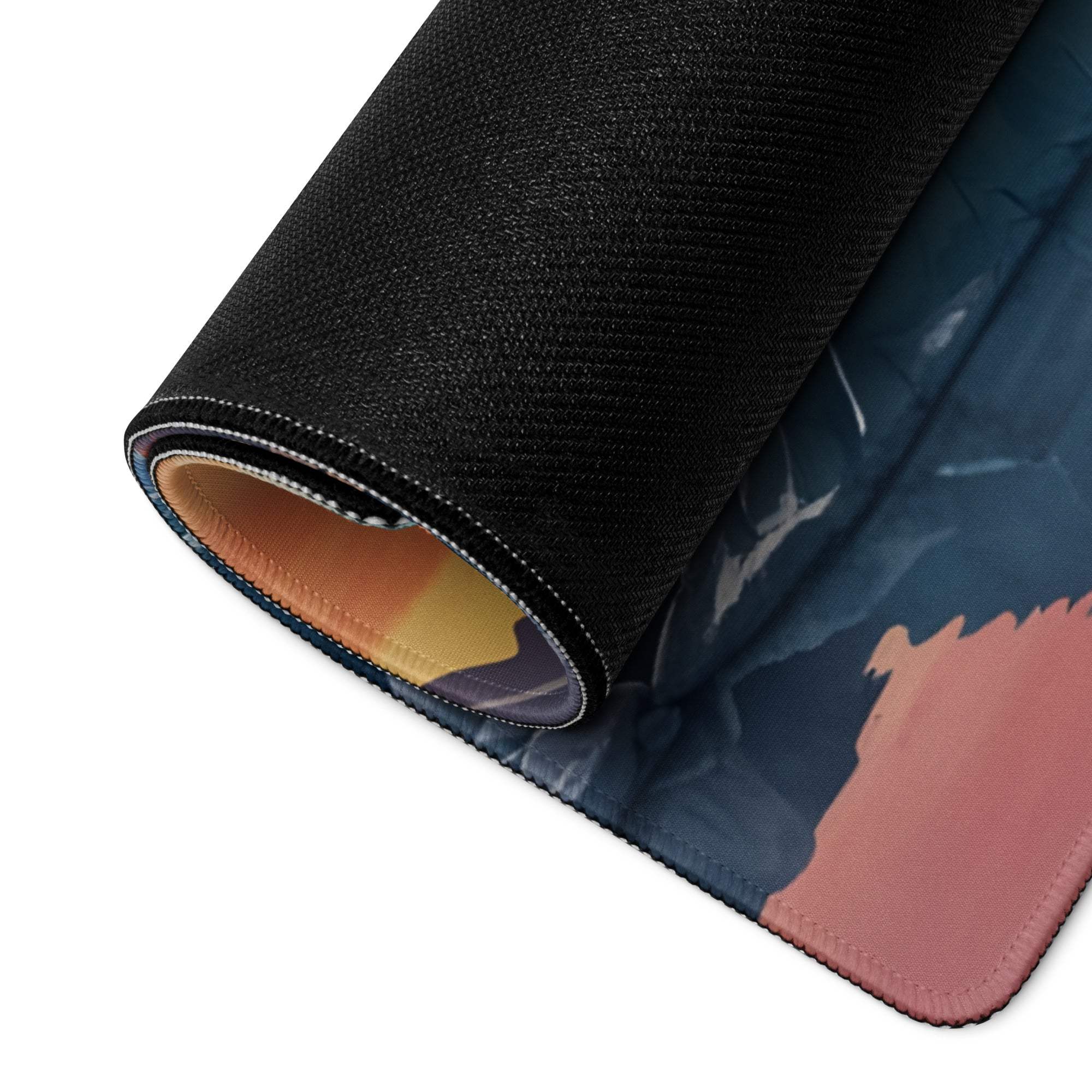 Premium vibrant ice mountain sunset gaming mouse pad with rolled edge design
