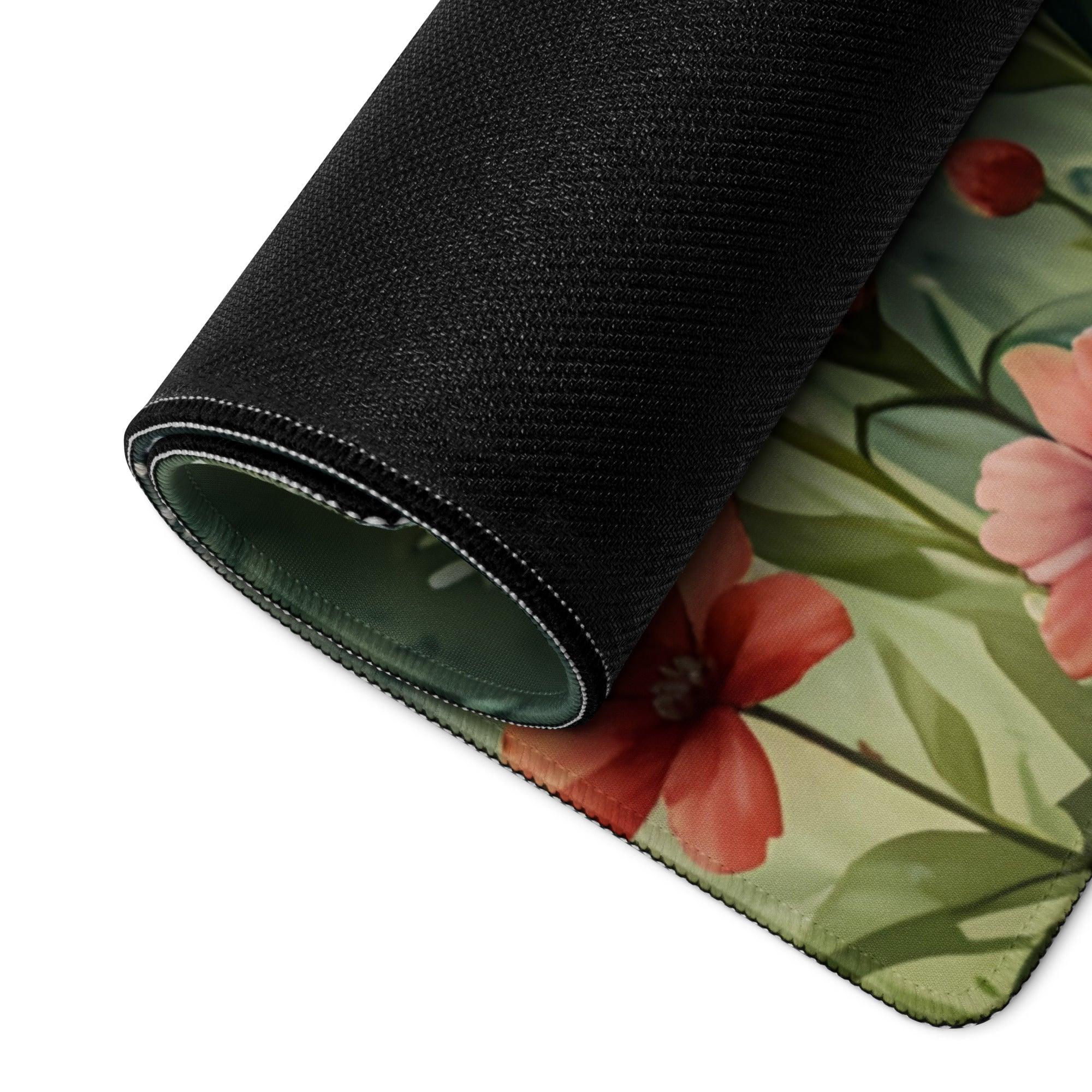Rolled Sunrise Meadow floral gaming mouse pad with vibrant red pink blossoms