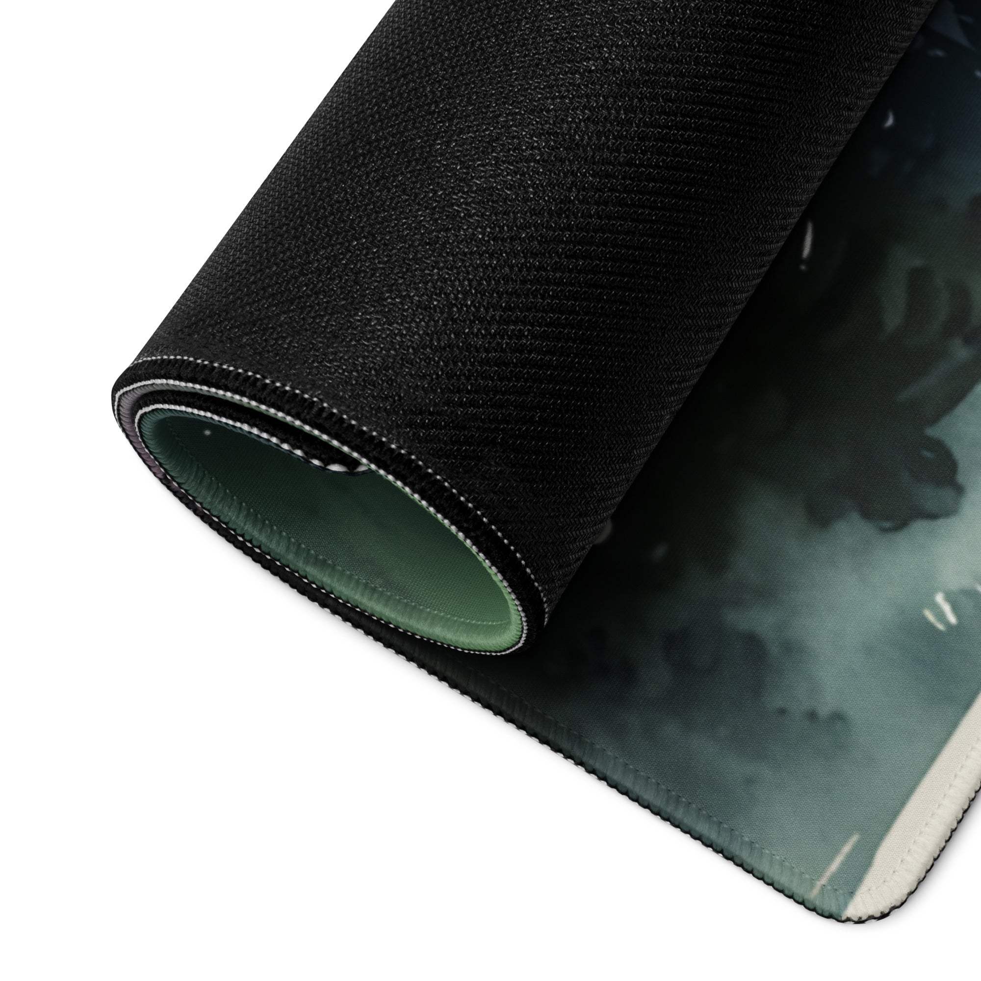 Black textured mousepad with aurora borealis forest design