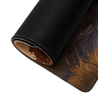 Black textured gaming mousepad with golden grass print, rolled to show non-slip bottom