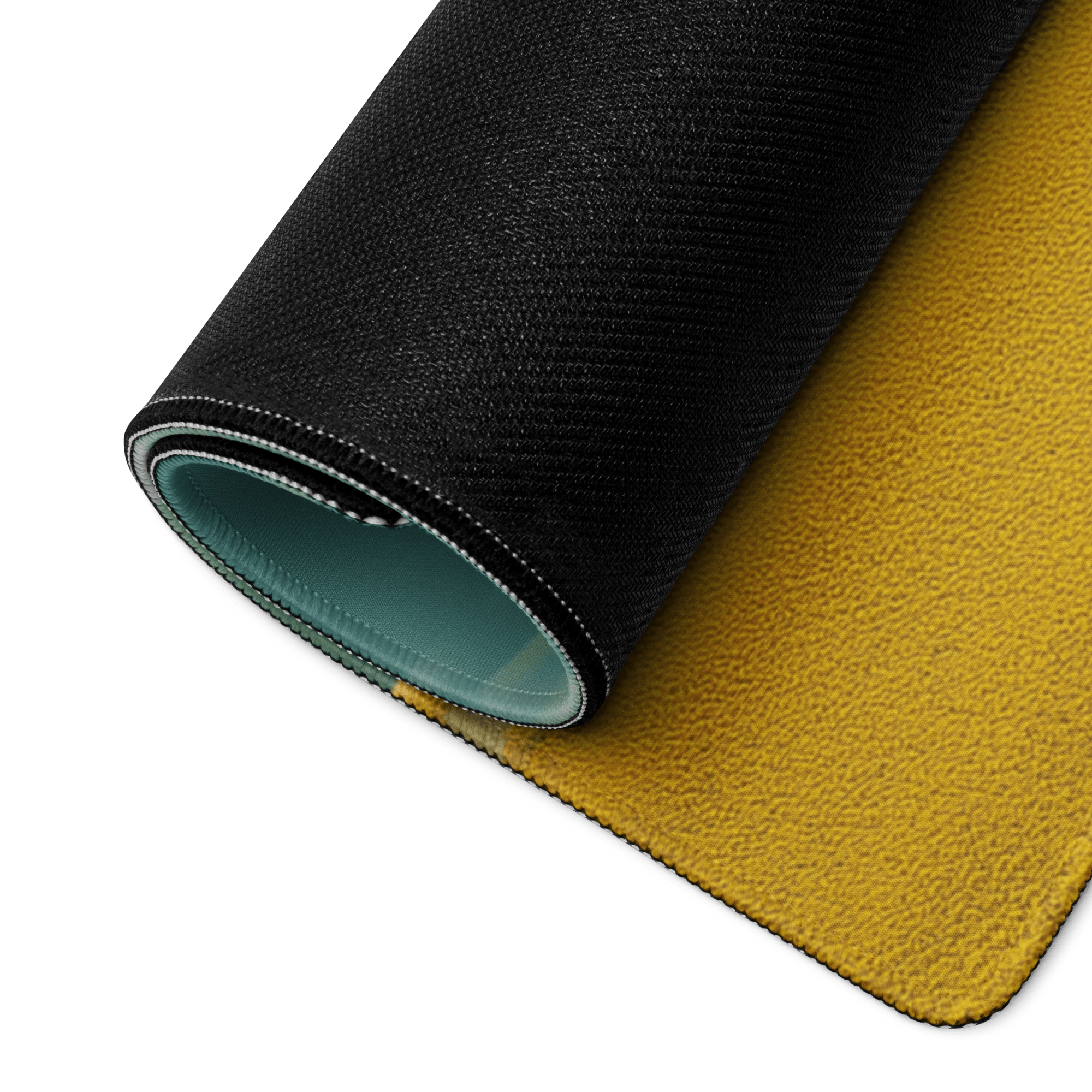 Black and mustard yellow textured mousepad with teal lining, dreamy landscape design