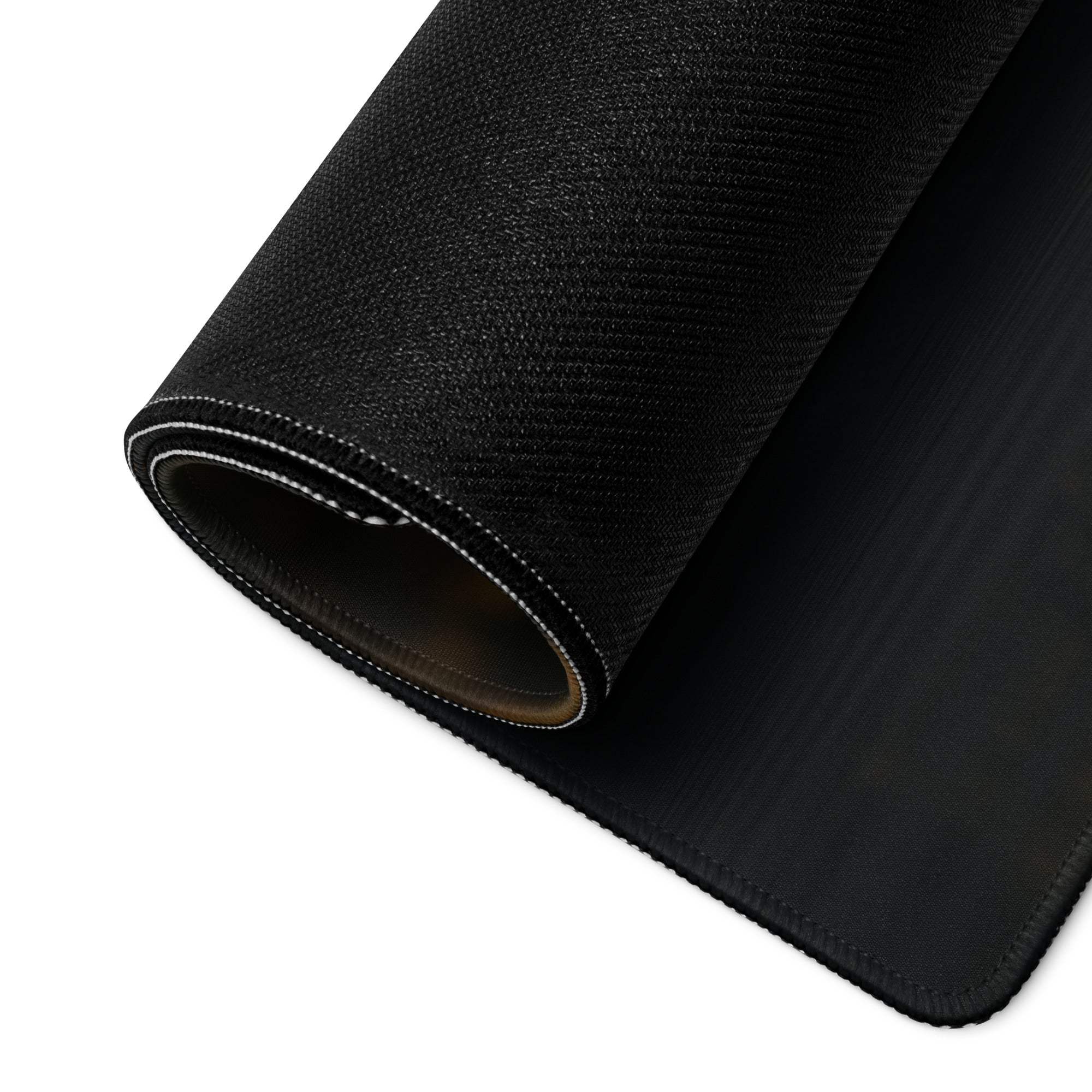 Black textured gaming mousepad with stitched edges, non-slip base and woven pattern